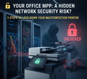 Hacker exploiting a Multifunction Printer (MFP) in a Dallas server room with an unlocked security padlock.