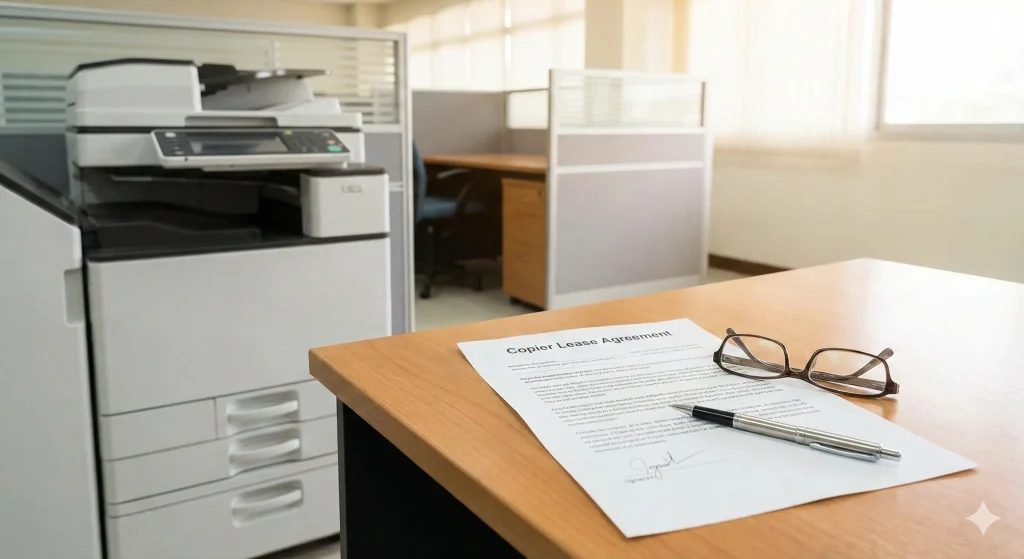 The image shows a Copier Lease Agreement document on a light wooden desk in an office setting, with a pen and a pair of reading glasses resting on the paper. A large, white multifunction copier machine is visible in the background to the left.