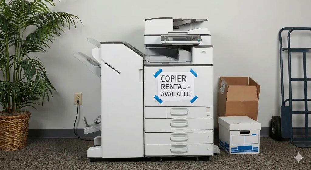 The image displays a large white multifunction copier with a sign taped to the front that reads, "COPIER RENTAL - AVAILABLE." The machine is set up in a sparse office area next to a potted palm plant and a hand truck or dolly, with some cardboard boxes on the floor beside it.
