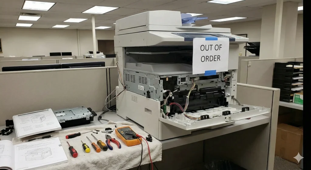 The image shows an office copier that is broken down and under repair in a cubicle setting. The machine has its panels open, revealing the internal components. A sign reading "OUT OF ORDER" is taped to the front. Tools, including screwdrivers, pliers, and a multimeter, are laid out on a white cloth next to the machine, along with service manuals, suggesting a copier repair is in progress.