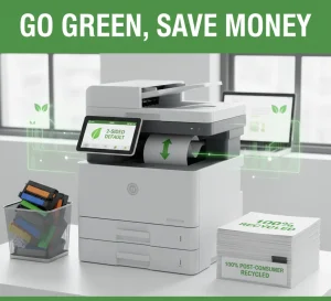 Eco-friendly office printing practices, showing recycled paper, a plant, and an ENERGY STAR label on a printer for sustainability.