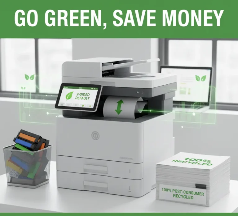 Eco-friendly office printing practices, showing recycled paper, a plant, and an ENERGY STAR label on a printer for sustainability.