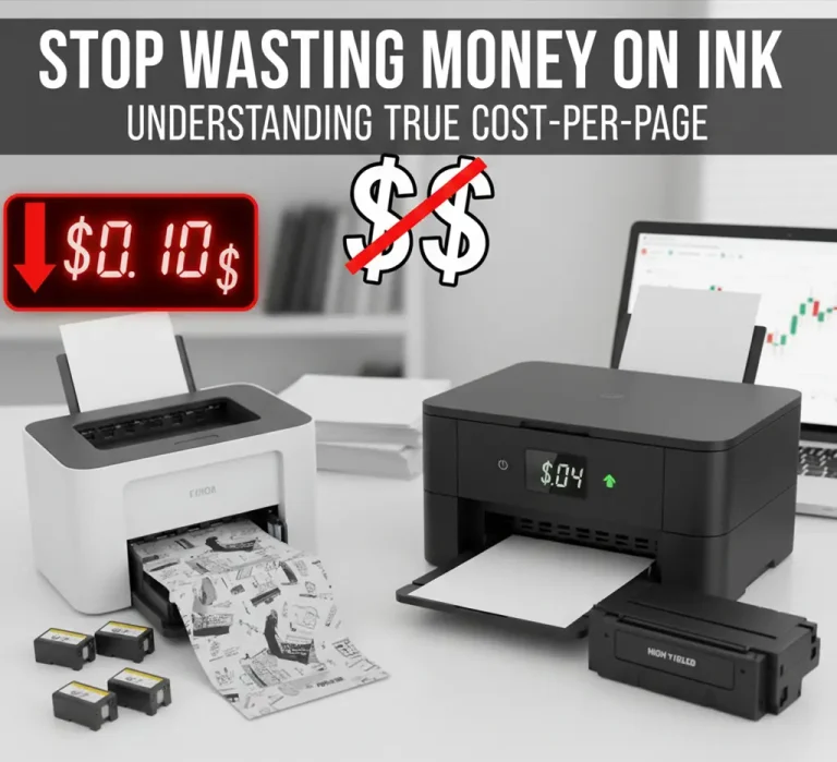Visual comparison of a small, expensive inkjet ink cartridge with a large, cost-effective laser toner cartridge to illustrate the lower Cost Per Page (CPP).