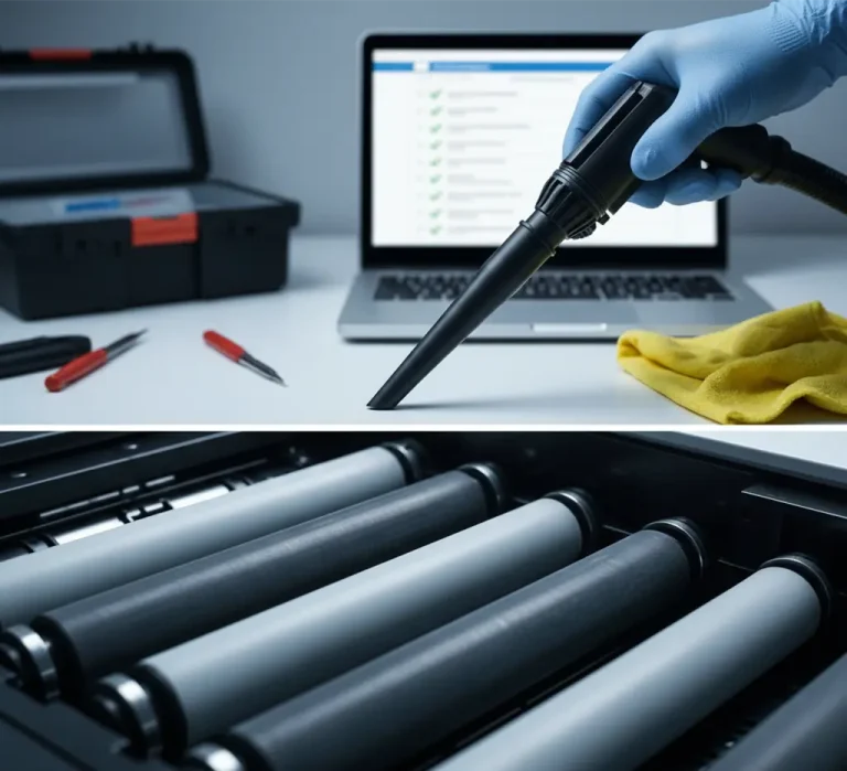 Close-up view of the internal components of a laser printer, highlighting the pickup rollers and fuser as key maintenance points for maximum equipment lifespan.